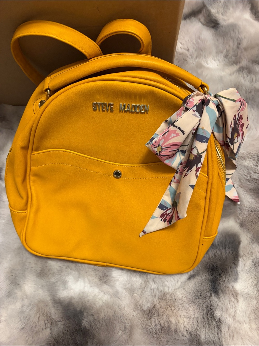 Steve Madden Mustard Yellow Mini Backpack with Floral Scarf Accent
